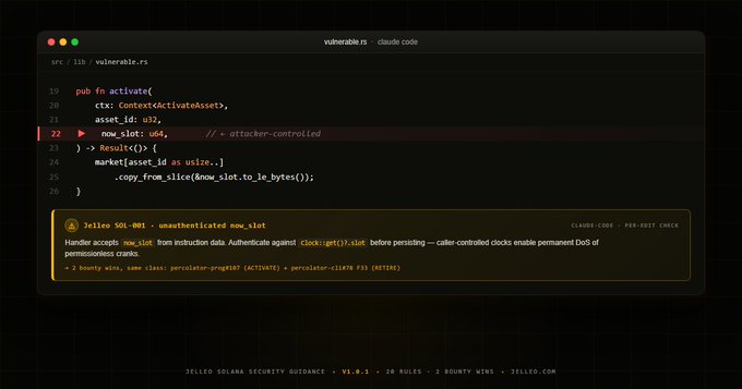 The image shows a computer screen displaying a code editor with a yellow error message at the top of the page, indicating that there might be an issue or bug within the code. The code appears to be related to the development of a software application called Solana, which is a cryptocurrency platform. The post suggests that users should focus on fixing the bugs in their code and pay attention to the security guidelines provided by the developer.