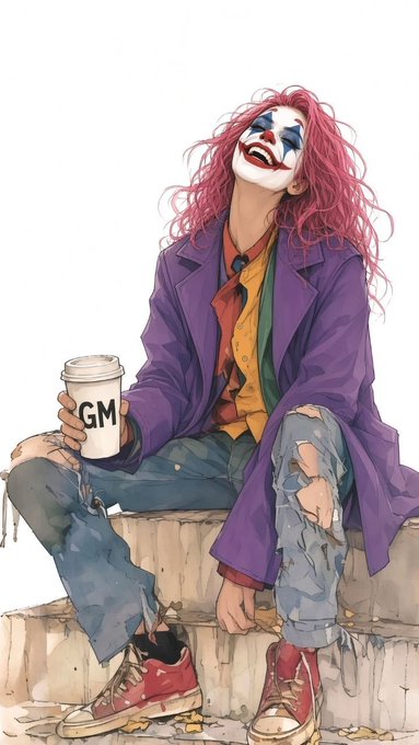 A stylized illustration depicts a person with pink hair and clown makeup, wearing a purple coat and ripped jeans, sitting on a ledge while holding a coffee cup labeled 'GM'.