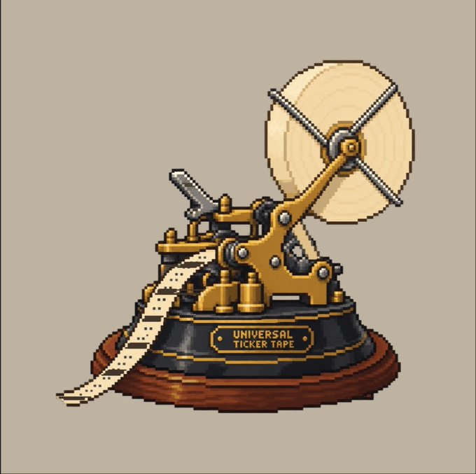 Pixel art depicting a 'Universal Ticker Tape' machine, featuring gold gears, a large paper reel, and an emerging strip of printed ticker tape on a wooden base.