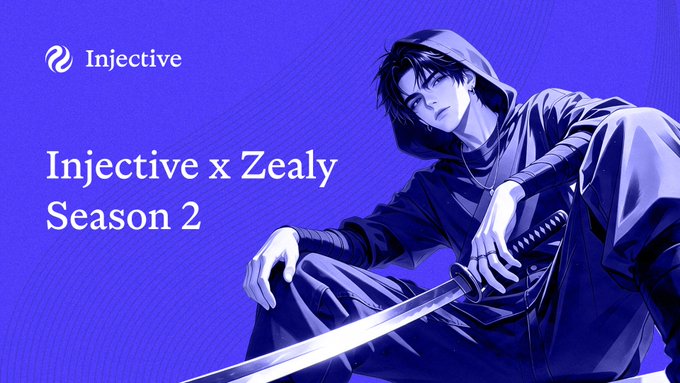 A promotional banner for 'Injective x Zealy Season 2' featuring an illustrated hooded figure holding a sword against a blue background.