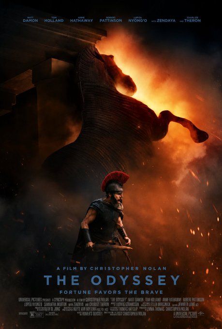 A movie poster for 'The Odyssey: Fortune Favors The Brave,' a film by Christopher Nolan starring Matt Damon, Tom Holland, Anne Hathaway, Robert Pattinson, Lupita Nyong'o, Zendaya, and Charlize Theron.