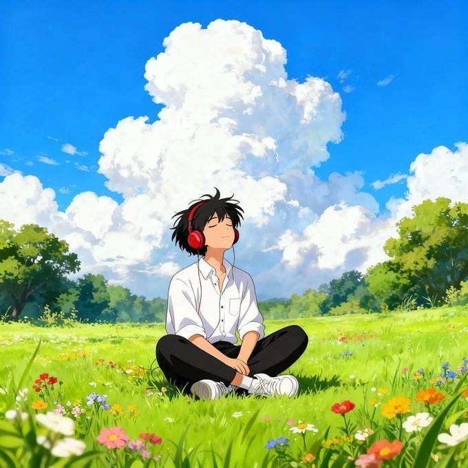 An anime-style illustration shows a person with red headphones sitting cross-legged in a grassy field with flowers under a cloudy blue sky.