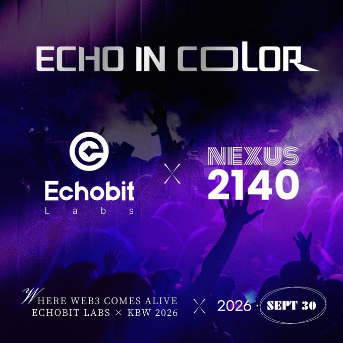 A vibrant purple concert-themed promotional graphic for "ECHO IN COLOR," announcing a collaboration between Echobit Labs and Nexus 2140 for the "Where Web3 Comes Alive" event at KBW 2026 on September 30. The image features silhouettes of a cheering crowd with raised hands against the purple backdrop, visually reinforcing the "Where Web3 Comes Alive" tagline.