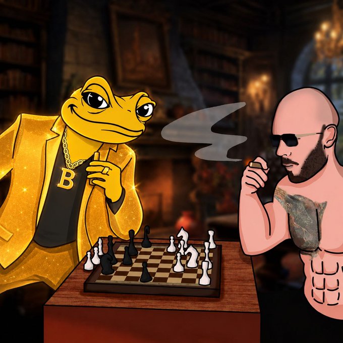 The image features a cartoon frog wearing a suit, sitting at a table with a chessboard. The frog has a cigarette in its mouth and appears to be smoking while playing checkers against another character who is also wearing a suit. The background of the image shows a room filled with bookshelves, suggesting that this scene takes place in a library or a similar setting.