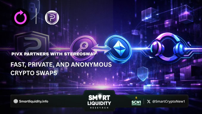 A neon-styled crypto announcement graphic stating 'PIVX Partners with Stereoswap – Fast, Private, and Anonymous Crypto Swaps,' featuring logos for PIVX, Eth, and other tokens, credited to Smart Liquidity Research.