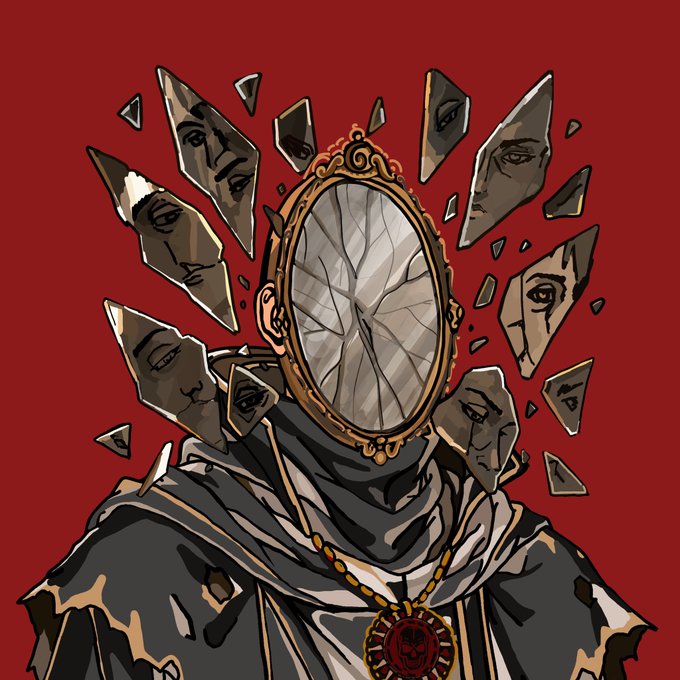 An illustration of a mysterious figure in a dark robe wearing a golden pendant, with a cracked ornate mirror for a head, set against a deep red background with shattered glass shards reflecting multiple faces.
