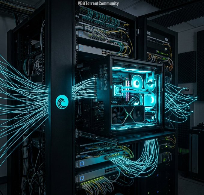 A glowing PC rig surrounded by cascading fiber-optic cables sits inside a server rack, with "#BitTorrentCommunity" displayed at the top. The illuminated, decentralized hardware setup visually mirrors the post's message about BitTorrent evolving its peer-to-peer file-sharing model into a distributed inference network ("BTTInferGrid")—replacing centralized data warehouses with shared, piece-based computation across nodes.