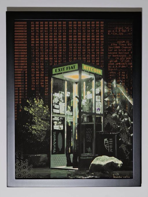 A framed digital art print showing a greenish phone booth labeled 'EXIT FIAT' and 'BITCOIN' in a dark, atmospheric setting with hexadecimal code and programming text overlaid in the background, signed by the artist.