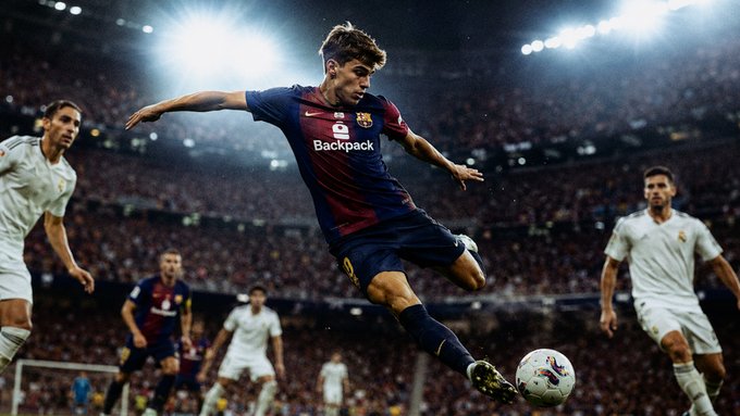 A football (soccer) match scene showing a Barcelona player in the team's burgundy and blue kit with 'Backpack' sponsor taking a shot, while opposing players in white attempt to defend.