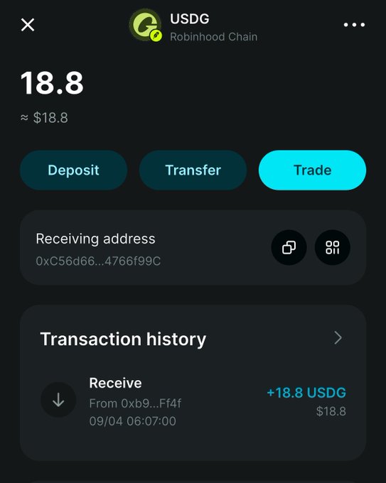A screenshot of a Robinhood Chain wallet displays a USDG crypto balance of 18.8 (~$18.8), with options to Deposit, Transfer, or Trade, alongside a receiving address starting with "0xC56d66..." and a transaction history showing a received +18.8 USDG transfer from address 0xb9...Ff4f on 09/04 at 06:07:00—representing the modest proceeds from selling one item to restock Garri, far from the user's $1000 price target.