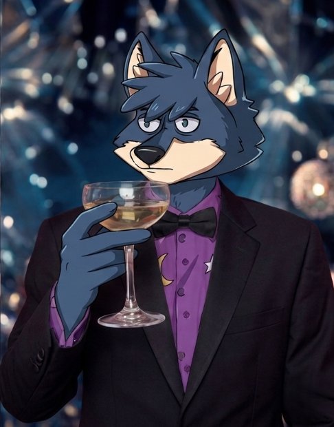 A digital illustration of a blue wolf-headed character in a black tuxedo and purple dress shirt, holding a coupe glass against a dark background with sparkling bokeh.