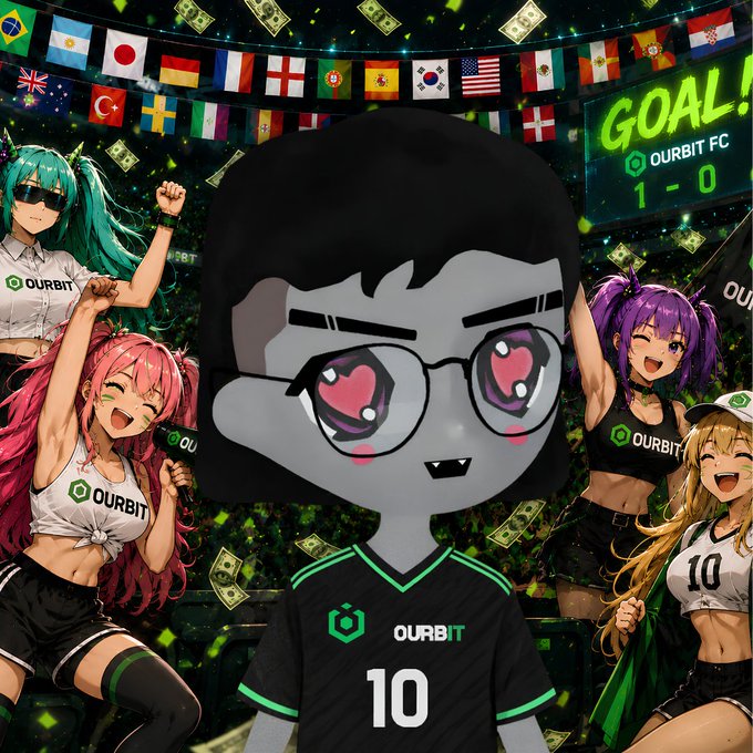 An anime-style illustration featuring a gray character with heart-shaped glasses and 'OURBIT' jersey (#10), surrounded by anime girls, international flags, falling money, and a 'GOAL! OURBIT FC 1-0' scoreboard.