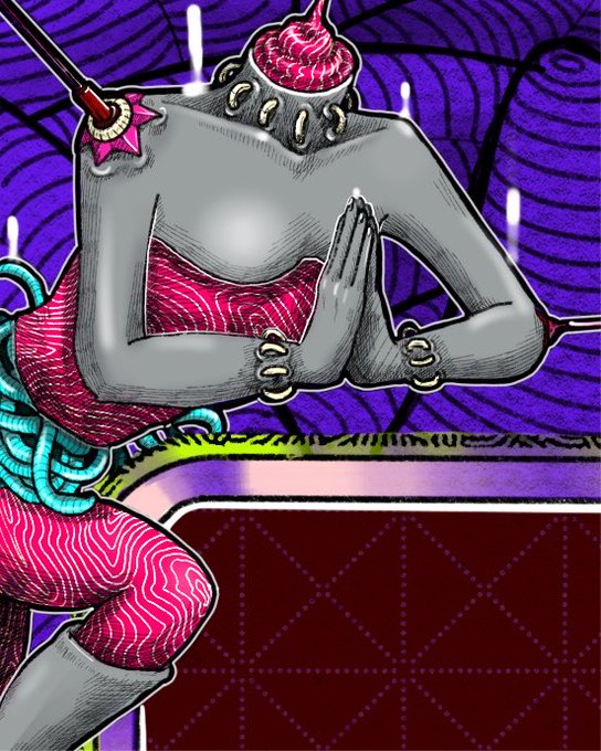 An anime-style illustration of a gray-skinned female character with pink patterned clothing, praying with hands together against a purple swirled background.