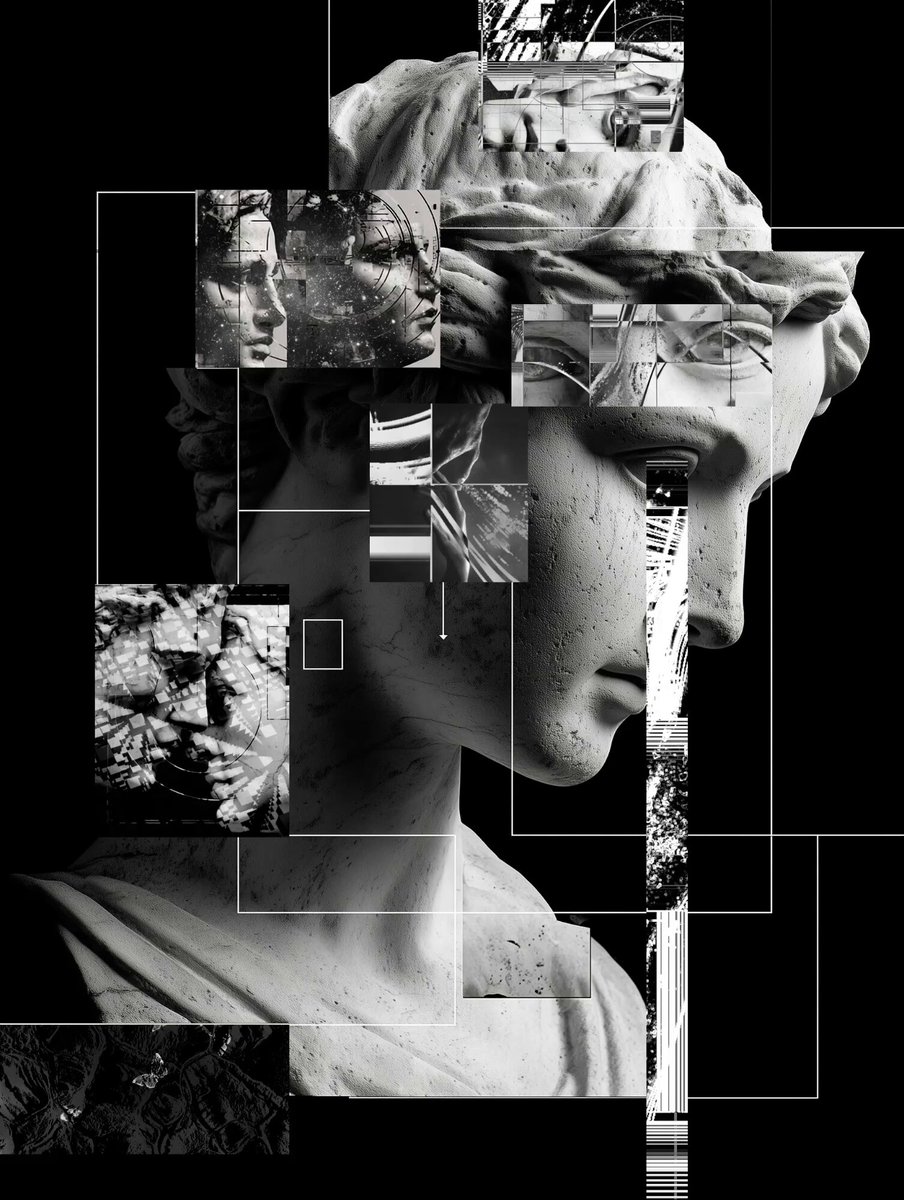 The image has a collection of pieces featuring a person's face, with each piece having different elements like a necklace or earrings or another person. The caption explains that this image has been composed by someone who wants to showcase memories through these images. The artist has used black and white colors to create an artful and unique composition.