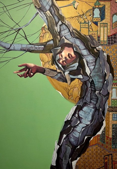 An artistic illustration of a person in a metallic, segmented outfit suspended against a background depicting an ornate, Eastern-style architectural facade.