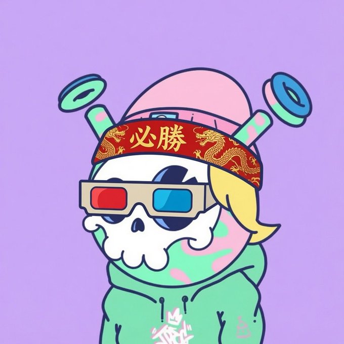 A cartoon-style NFT-style character with a skull face, wearing 3D glasses, a pink cap with a red dragon headband featuring Chinese characters '必勝' (meaning 'certain victory'), and a green hoodie, set against a purple background.