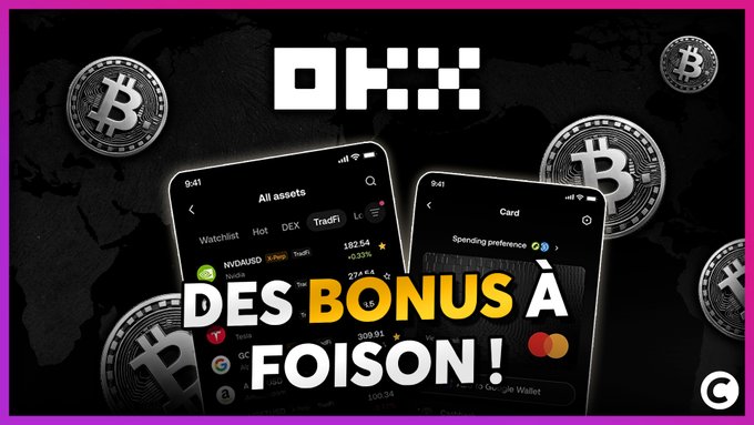 A promotional graphic for OKX featuring the text "DES BONUS À FOISON!" with the OKX logo, floating Bitcoin coins, and two smartphone screens displaying a "Hot" assets list and a Crypto Card interface, all promoting the platform's sign-up bonus offer.