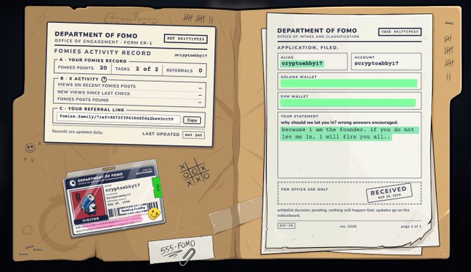 A stylized 'Department of FOMO' document showing an account for 'cryptobaby17' with statements about wrong answers being encouraged.