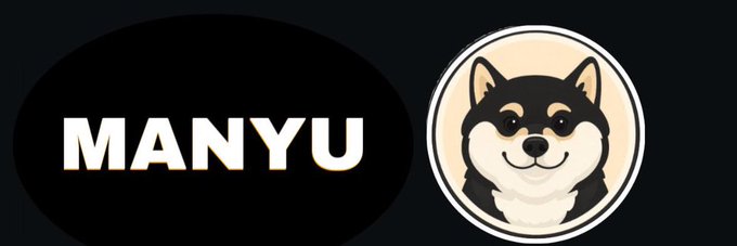 The image features a black and white dog with a round head, possibly a Shiba Inu or a similar breed, sitting inside a circle that has the word "MANyu" written above it. The dog appears to be smiling at the camera, giving off a friendly vibe. The background of the image is gray, which contrasts nicely with the black and white color scheme of the dog's head and the text on the post.