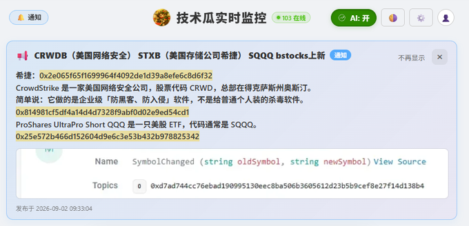 A Chinese crypto monitoring notification titled '技术瓜实时监控' reports that stocks CRWD, STXB, and SQQQ are listed on 'bstocks', providing wallet addresses and explaining that CRWD is a US cybersecurity firm and SQQQ is an ETF.