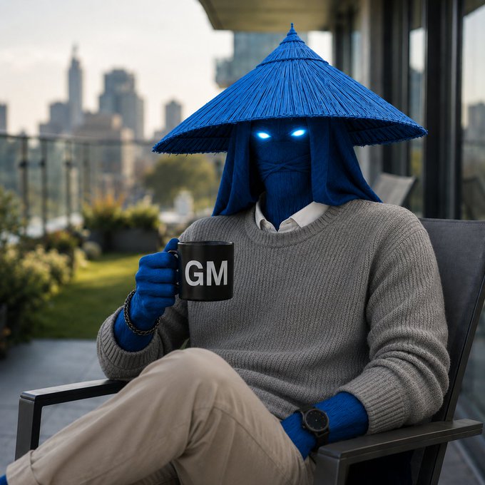 A blue-skinned character wearing a conical hat and a gray sweater holds a black mug labeled 'GM' while sitting on a balcony overlooking a city skyline.