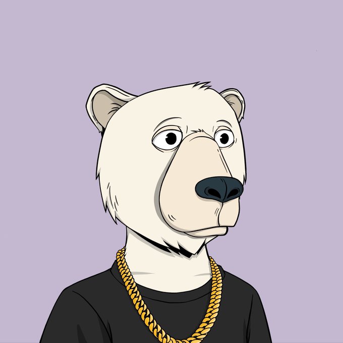 An illustration of a white bear-like character wearing a black shirt and a thick gold chain necklace against a light purple background.