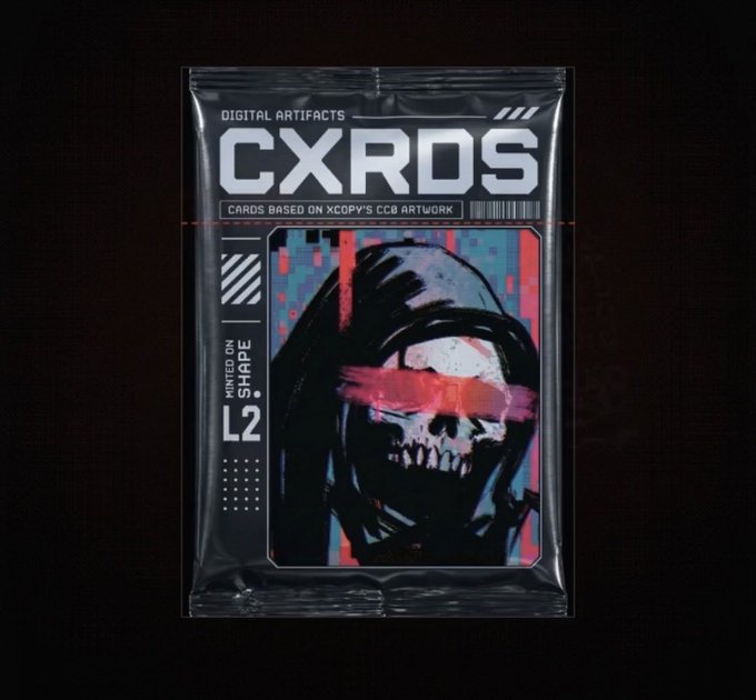 A sealed plastic package containing a digital art card titled 'CXRDS' by Digital Artifacts, featuring a skull illustration with red streaks over its eyes on a glitchy colored background.