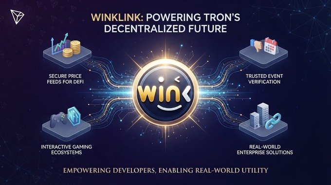 Promotional graphic for 'WINkLink' titled 'WINkLINK: POWERING TRON'S DECENTRALIZED FUTURE' showing four use cases: secure price feeds for DeFi, trusted event verification, interactive gaming ecosystems, and real-world enterprise solutions.