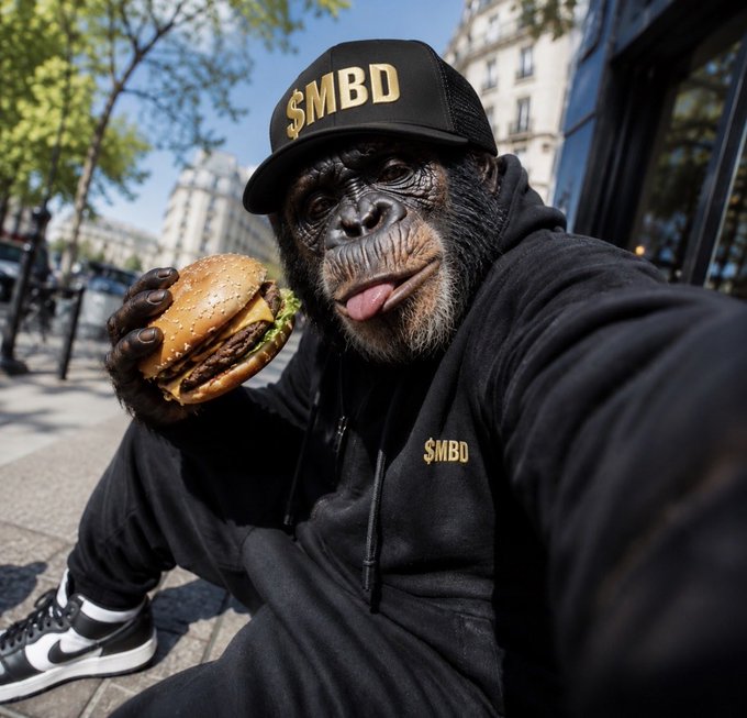 A photograph of a person wearing a realistic chimpanzee mask and a black '$MBD' cap and hoodie, eating a burger while sitting on a sidewalk.