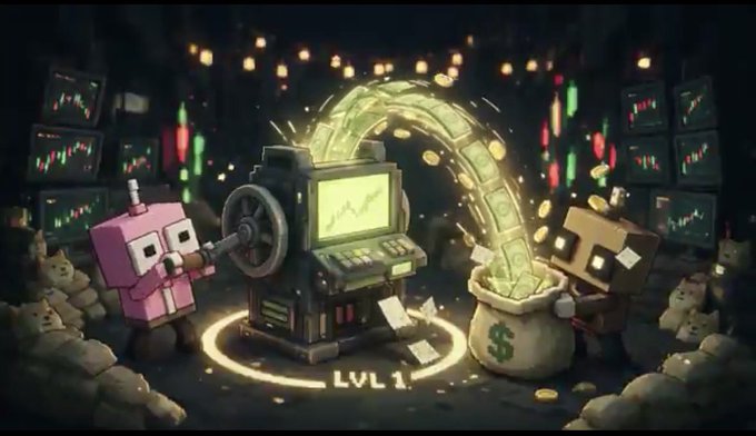 A digital illustration shows two blocky, Minecraft-style characters operating a money-printing machine that spews cash into a large dollar-sign money bag, surrounded by market monitors.