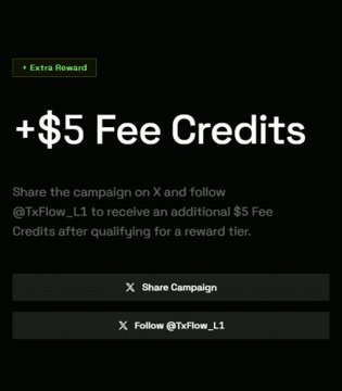 The image features a black screen displaying text promoting a reward program for users who share their campaign's information with the hashtag "@TxFlow_L1". The main focus of the screen is an advertisement for extra rewards, encouraging people to sign up and receive additional points based on the number of campaigns they promote. In this case, it seems that the extra reward would be $5 per credit spent towards the program, as indicated by the wording in the advertisement.