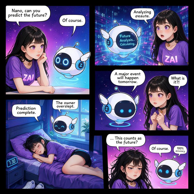 A comic strip titled "ZAI Girl's On-Chain Diary" shows a girl in a purple "ZAI" shirt asking her robot assistant "Nano" to predict the future; Nano responds with "Future Analysis... Calculating..." and claims "A major event will happen tomorrow," only to reveal that the prediction was simply that the owner would "overslept" (visible digital clock shows 7:30), prompting the exasperated girl to ask "... This counts as the future?" while Nano replies with smug "Of course. 100% accuracy."