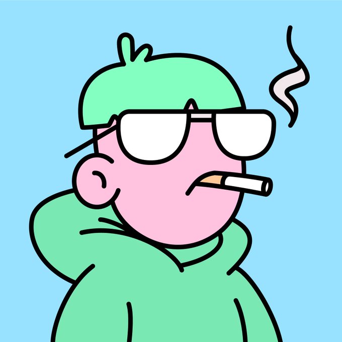 A cartoon drawing of a character with a green hat, green hoodie, large white sunglasses, and a lit cigarette in their mouth against a light blue background.