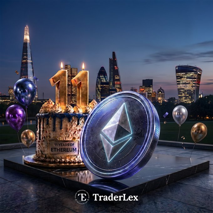 A celebratory digital artwork for '11 Years of Ethereum' showing a golden cake with '11' candles, an Ethereum coin, and balloons against a London skyline at dusk, branded 'TraderLex'.