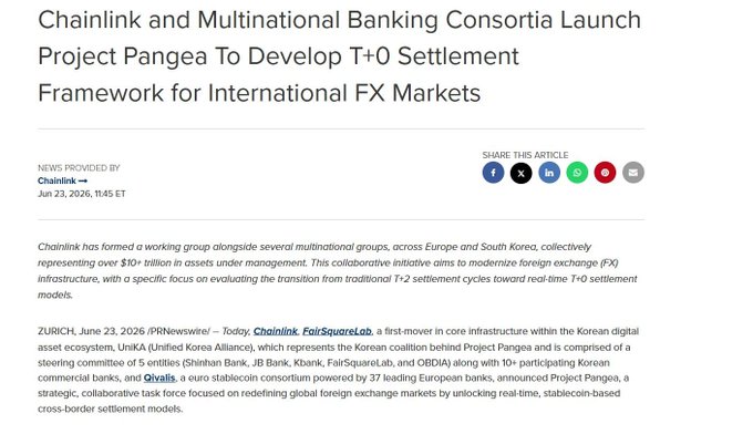 Chainlink news article titled 'Chainlink and Multinational Banking Consortia Launch Project Pangaea To Develop T+0 Settlement Framework for International FX Markets,' dated June 23, 2026, detailing partnerships with Korean banks and European institutions including Qivalis.