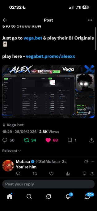 A screenshot of an X (Twitter) post from Vega.bet dated 26/09/2026 promoting their gambling platform with a promotional link, showing 2.8K views, 50 replies, 34 reposts, and 66 likes.