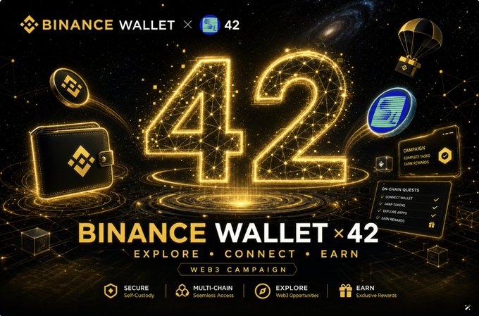 The image features a poster for a cryptocurrency called "Binance Wallet X42" with various elements related to Bitcoin and its use as a currency. The poster includes a gold coin, a blue balloon, and other symbols associated with Bitcoin. The text on the poster highlights the benefits of using Bitcoin, such as exploring new worlds through virtual reality experiences or connecting with others in a digital space. The overall theme of the image is related to the world of cryptocurrency and its potential uses beyond traditional financial systems.
