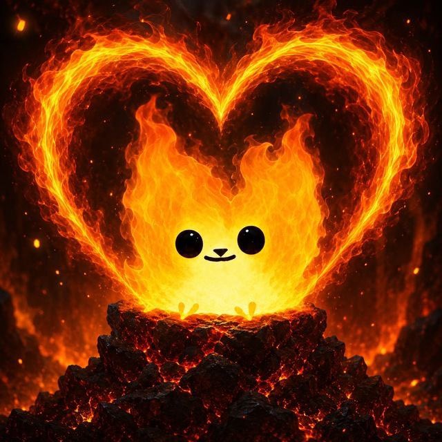 A cute flame-bodied kitten with a heart-shaped fiery aura sits atop a rocky peak, embodying the "Flamy Cat" meme character ready to ignite $GRAM's rise "to the moon." The fiery heart backdrop visually reinforces the token's bold, passionate push for a 1000x surge.