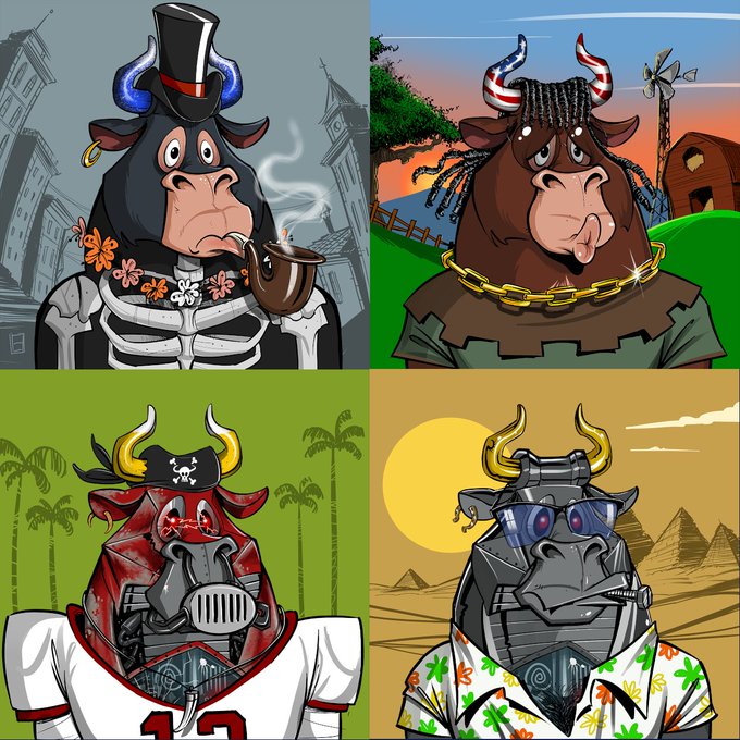 Four cartoon bulls are shown in different scenarios: one in a top hat with a pipe in a city, one with American flag horns on a farm, one as a football player with mechanical jaws, and one in sunglasses with a cigar in the desert.