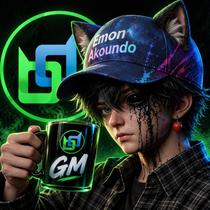 Anime-style portrait of a cat-eared character wearing a galaxy-print cap labeled 'Emon Akoundo,' with dark liquid dripping from one eye, holding a black mug displaying a green 'GM' logo.