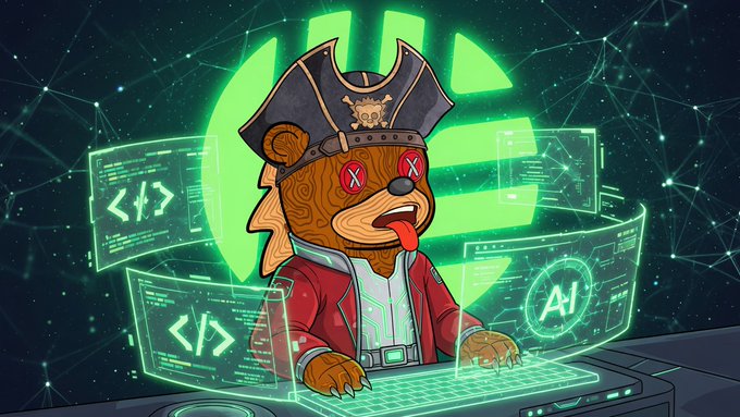 A digital illustration of a pirate-themed NFT bear character with 'X' eyes, tongue out, and a tricorn hat, typing on a holographic keyboard with code displays and an 'AI' orb against a green tech-themed background.