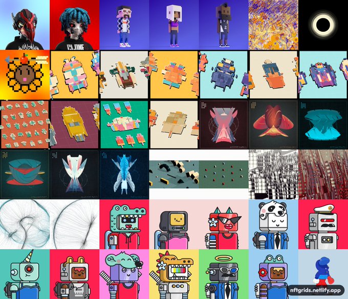 A grid of 48 colorful NFT thumbnails displayed on nftgrids.netlify.app, featuring pixel-art characters, abstract designs, and cartoon-style creatures, with the watermark "@nfgrids.netlify.app" visible in the bottom right corner. The collection appears to be a nostalgic showcase of various digital art pieces being reminisced over.