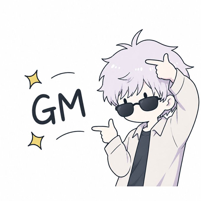 A chibi-style illustration of a white-haired character wearing sunglasses and a white jacket, alongside the handwritten text 'GM' with sparkles, suggesting 'Good Morning.'