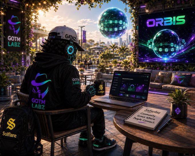 A futuristic cyberpunk scene featuring a person wearing a "GOTM LABZ" branded jacket and "GAINZ" cap, sitting at an outdoor café with a laptop displaying crypto/web3 content, surrounded by neon "ORBIS" screens and a "Saturday Community Gathering Where People Connect" notebook.