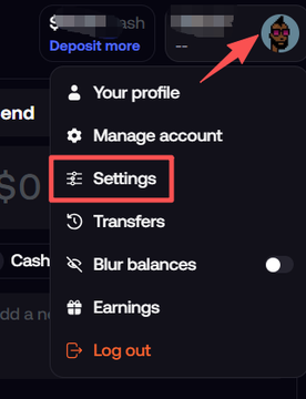 A user menu on the FOMO platform is displayed, with the avatar in the top right corner selected to reveal options including "Your profile," "Manage account," "Settings," "Transfers," "Blur balances," "Earnings," and "Log out," with "Settings" highlighted by a red box. This illustrates the first step of changing the interface language to Chinese.