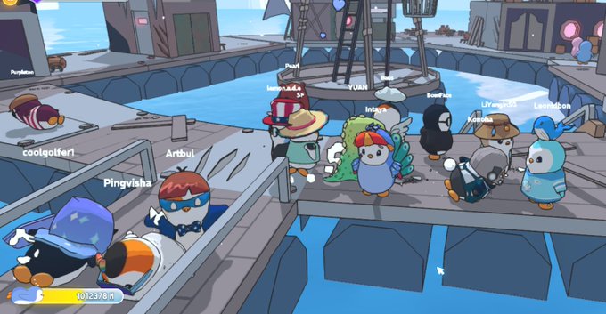 A screenshot from a penguin-themed multiplayer game showing various player characters with usernames like 'Pingvisha', 'coolgolfer1', 'Artbul', 'Lenten', 'YUNN', 'InTaga', 'Brunette', 'Shavvo', and 'Legendov' gathered in a harbor area.