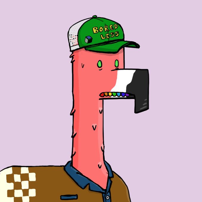 The image shows a pink character with a long neck, wearing a green and white cap that reads "BORED LESS" and a brown jacket, holding a colorful paintbrush-like object in its mouth. It appears to be a Yieldling NFT, which the poster is celebrating acquiring, expressing gratitude to @Dost for the generous gift within the community.