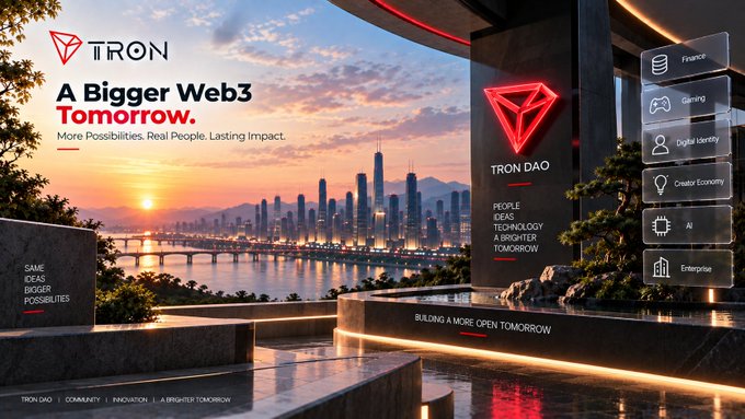 A promotional banner for 'TRON' with the tagline 'A Bigger Web3 Tomorrow', showcasing a futuristic cityscape at sunset alongside the 'TRON DAO' logo and categories like Finance, Gaming, and AI.