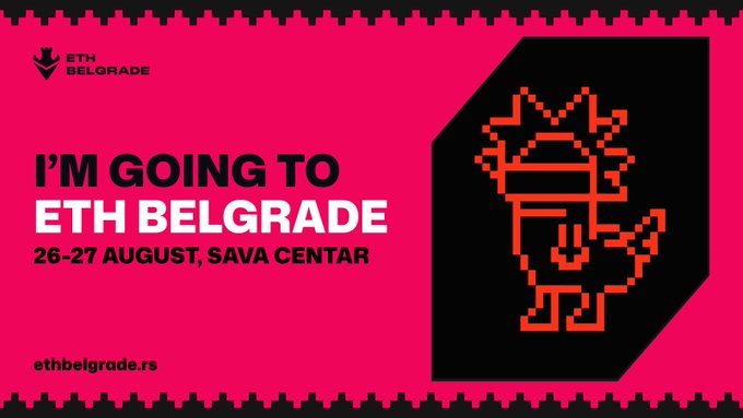 A promotional banner for ETH Belgrade featuring a pixelated orange dragon logo on a pink background with text: 'I'M GOING TO ETH BELGRADE, 26-27 AUGUST, SAVA CENTAR' and the URL ethbelgrade.rs.