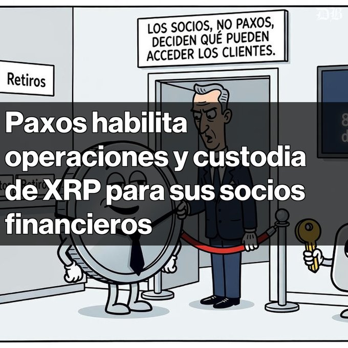 An illustration showing a man and an anthropomorphic XRP coin character at a service counter, with Spanish text reading 'LOS SOCIOS, NO PAXOS, DECIDEN QUÉ PUEDEN ACCEDER LOS CLIENTES.' and an overlay stating 'Paxos habilita operaciones y custodia de XRP para sus socios financieros'.
